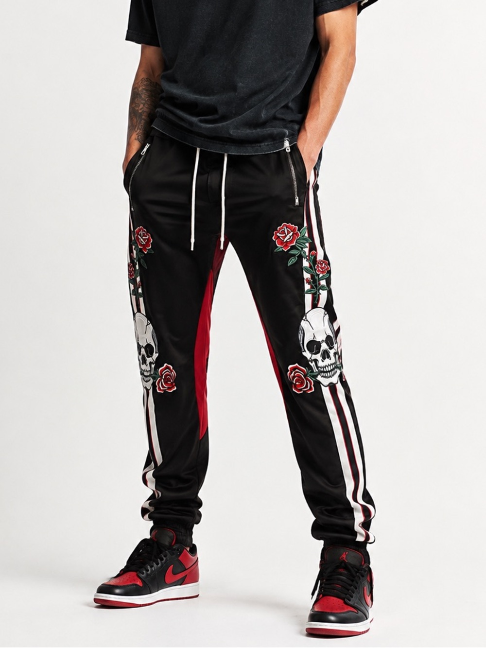 REASON XXL Skull & Rose Embroidered Racing Stripe Jogger Pants
